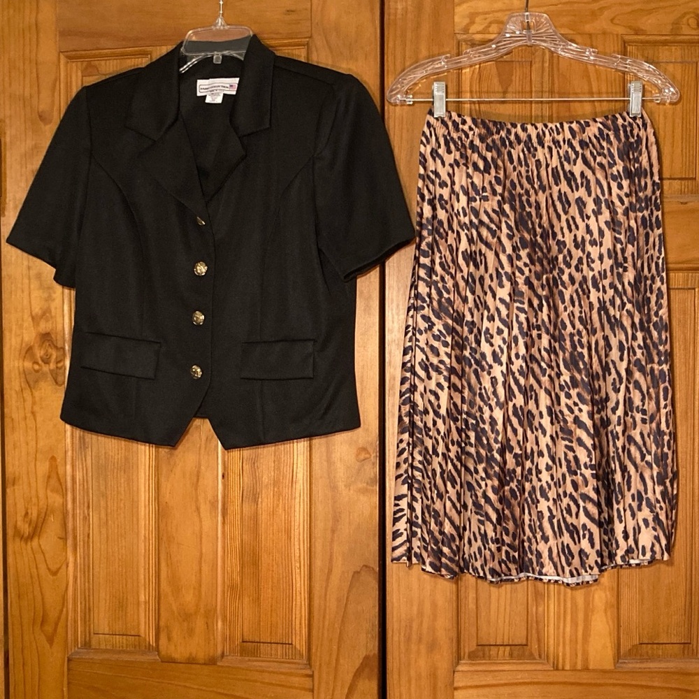 NWOT Pablo Collection Vintage 90s Short Sleeve Blouse & Midi Skirt Black Tan 14P